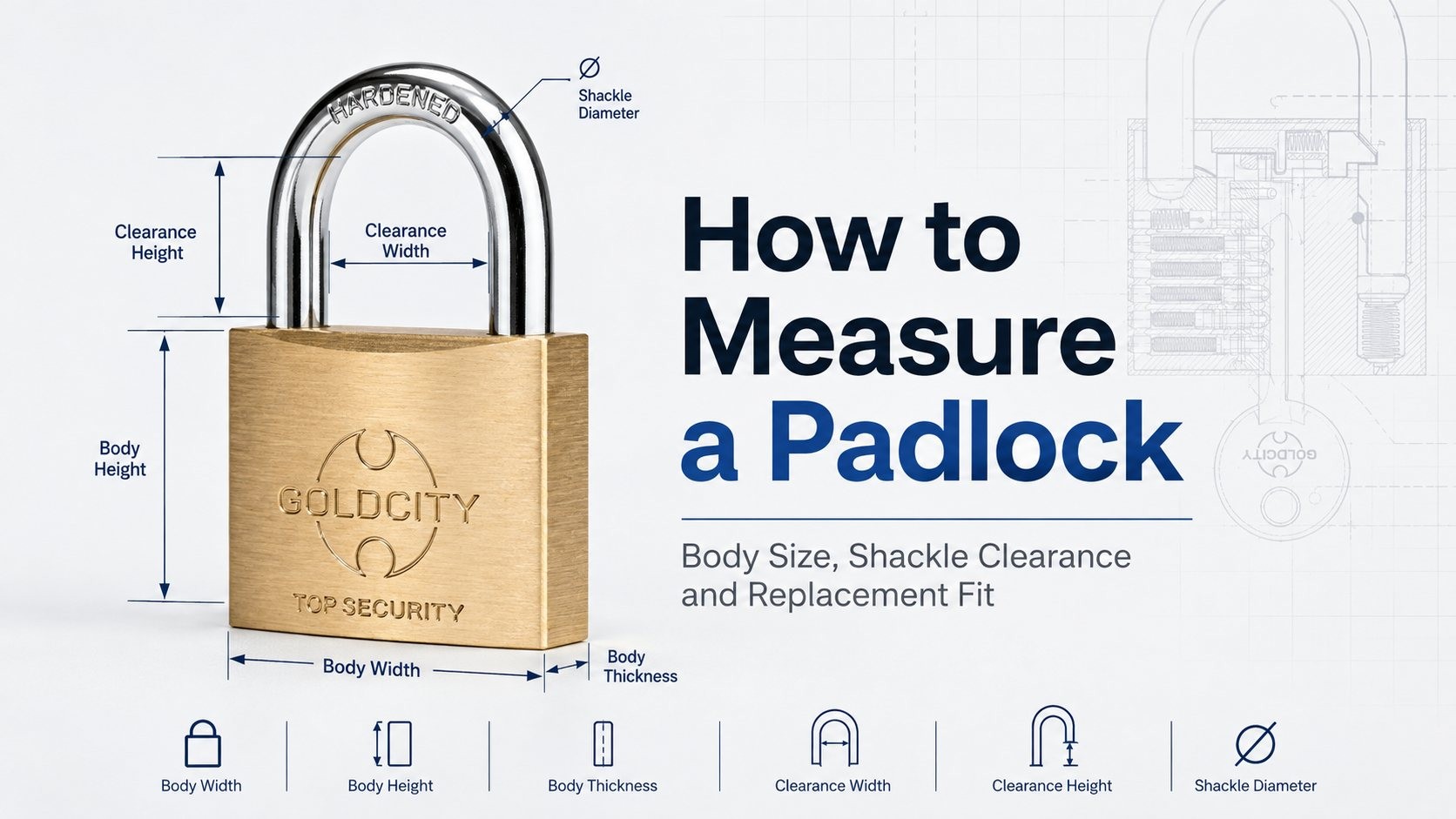 GOLD CITY brass padlock measurement diagram showing body size, shackle diameter and clearance.jpg