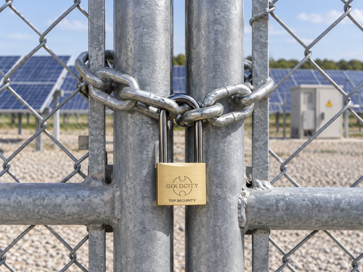 GOLD CITY long shackle brass padlock securing a chained solar farm gate.jpg