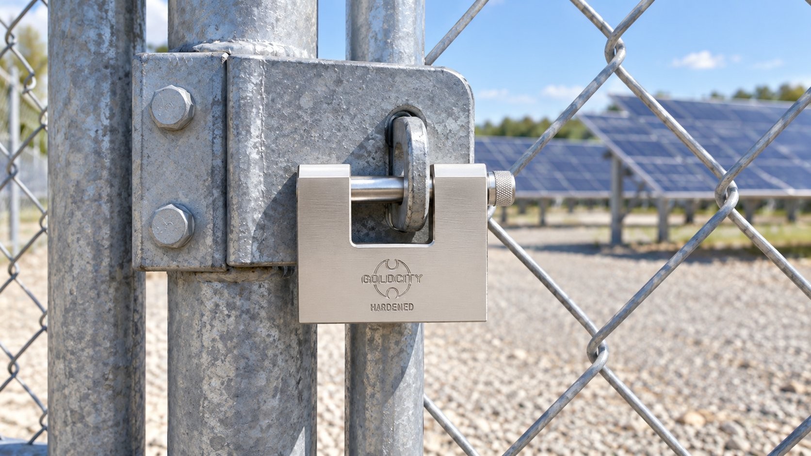 GOLD CITY hardened steel padlock fitted to a solar farm gate hasp.jpg