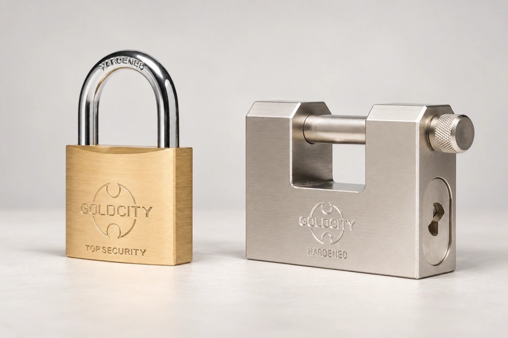 GOLD CITY brass padlock with a U-shaped shackle beside a rectangular steel padlock.jpg