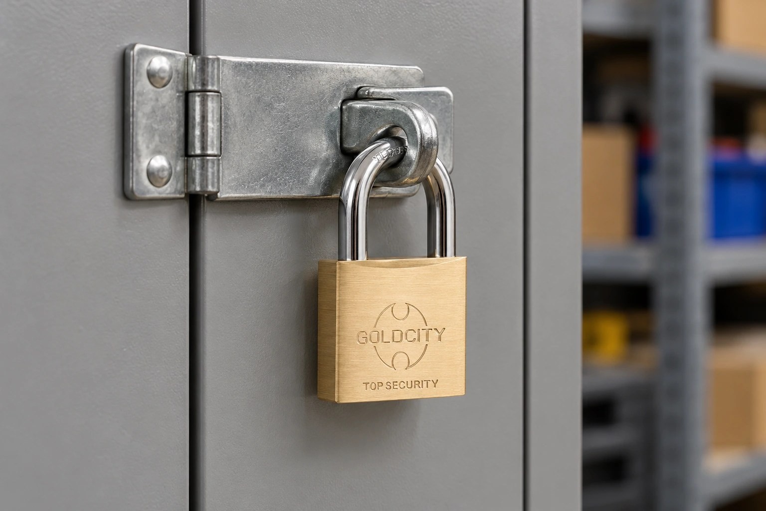 a GOLD CITY brass padlock fitted to a metal storage cabinet hasp.jpg